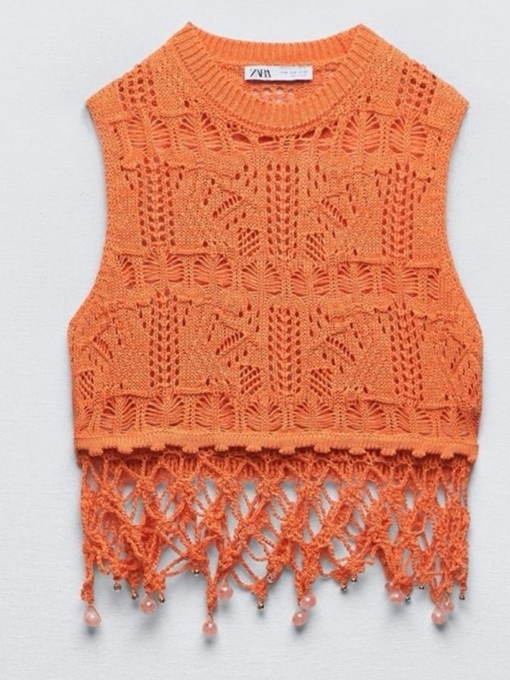 Zara Bright Orange Crochet Fringe Crop Top